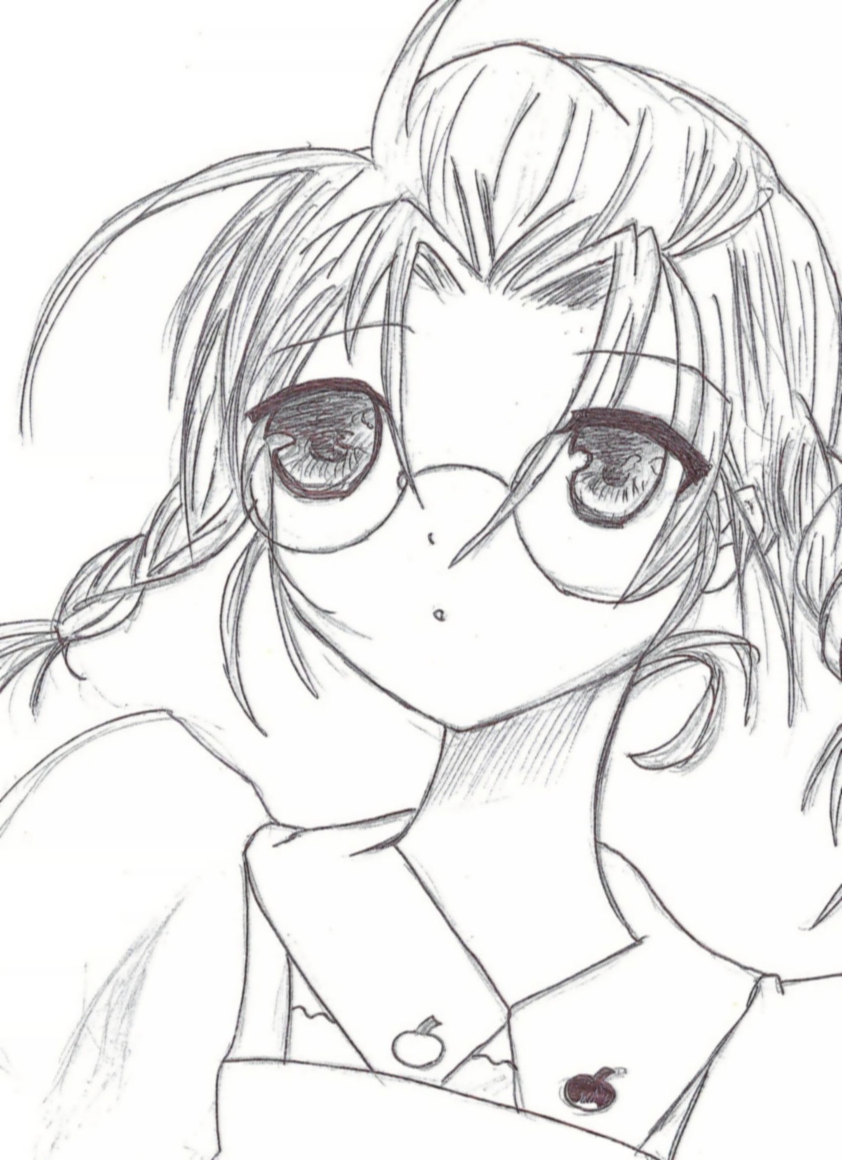 1girl ahoge braid eyebrows_visible_through_hair glasses greyscale human long_hair looking_at_viewer monochrome sakurada_nori solo