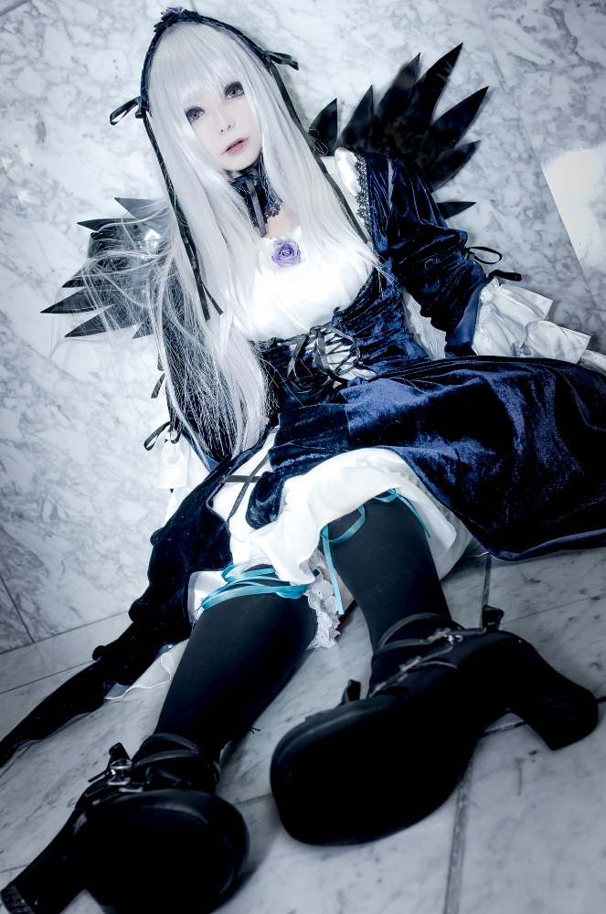 1girl black_legwear boots dress frills gothic_lolita hairband lolita_fashion long_hair ribbon sitting solo suigintou thighhighs weapon white_hair