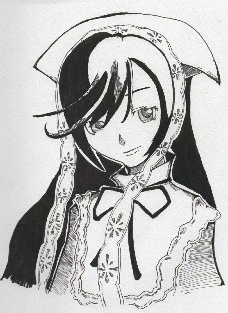 1girl closed_mouth dress greyscale image jewelry looking_at_viewer monochrome solo suiseiseki traditional_media upper_body