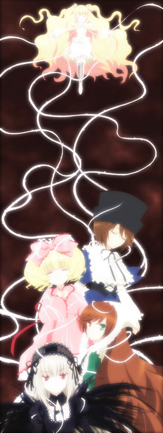 4girls 6+girls blonde_hair bow brown_hair closed_eyes dress flower frills hat image long_hair multiple multiple_boys multiple_girls pink_bow red_eyes ribbon short_hair siblings silver_hair suigintou tagme wings
