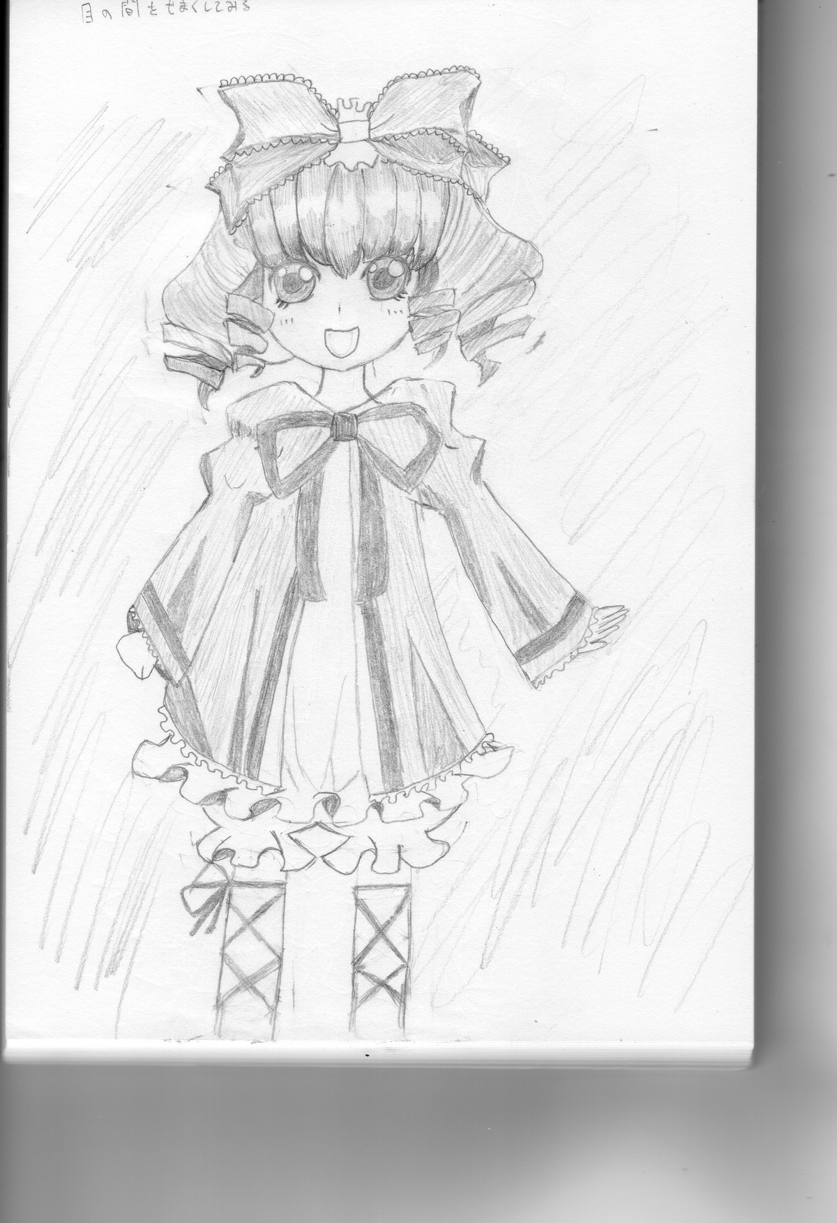 1girl blush bow dress drill_hair greyscale hinaichigo image long_sleeves looking_at_viewer monochrome open_mouth smile solo standing traditional_media