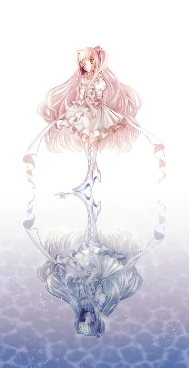 1girl bow dress frills full_body image kaname_madoka kirakishou long_hair pink_hair solo two_side_up ultimate_madoka very_long_hair white_dress white_hair yellow_eyes