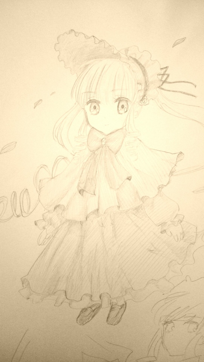 1girl bow capelet full_body image long_hair long_sleeves looking_at_viewer monochrome shinku solo standing traditional_media