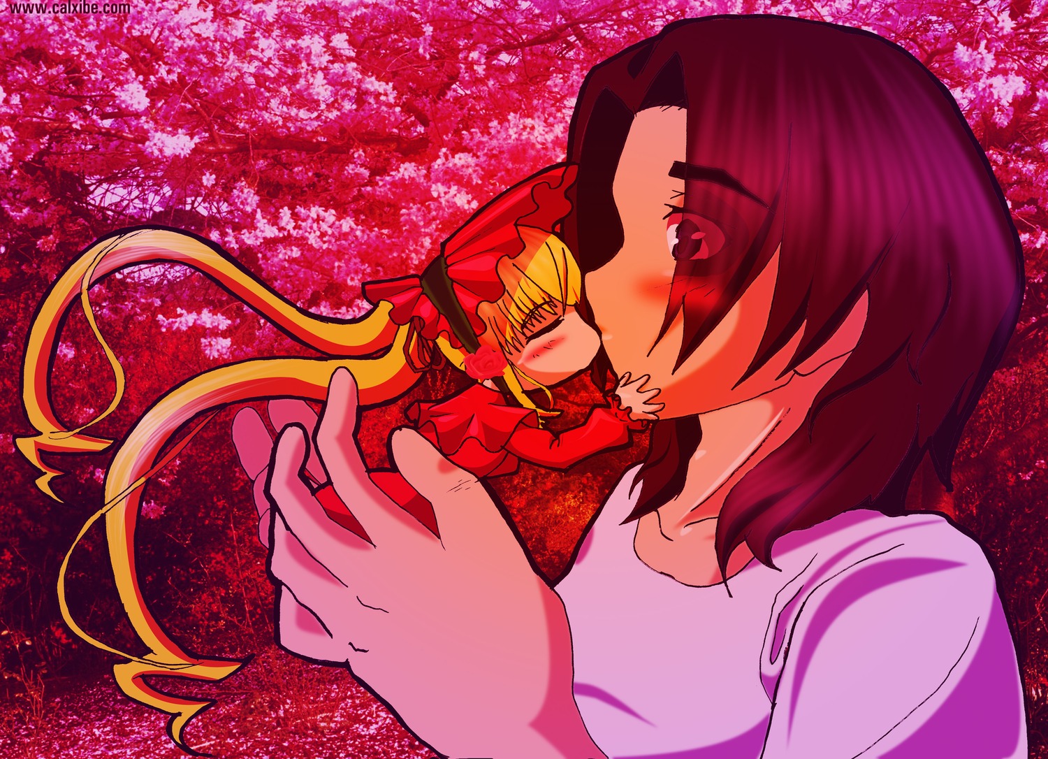 2girls blonde_hair blush bonnet dress image kiss long_hair multiple_girls red_eyes shinku solo