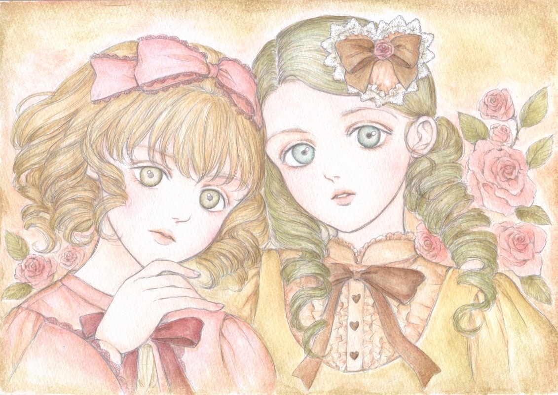 2girls bad_id bad_pixiv_id blonde_hair blue_eyes bow drill_hair flower graphite_(medium) green_eyes green_hair hair_bow hair_ornament hina_ichigo hinaichigo image kanaria long_hair looking_at_viewer multiple_girls painting_(medium) pair pink_bow pink_flower pink_rose purple_rose red_flower red_rose ribbon ringlets rose rose_petals rozen_maiden short_hair siblings sisters traditional_media twin_drills twins twintails watercolor_(medium) white_rose yellow_eyes yellow_flower yellow_rose yukishiro_(hitsuji)
