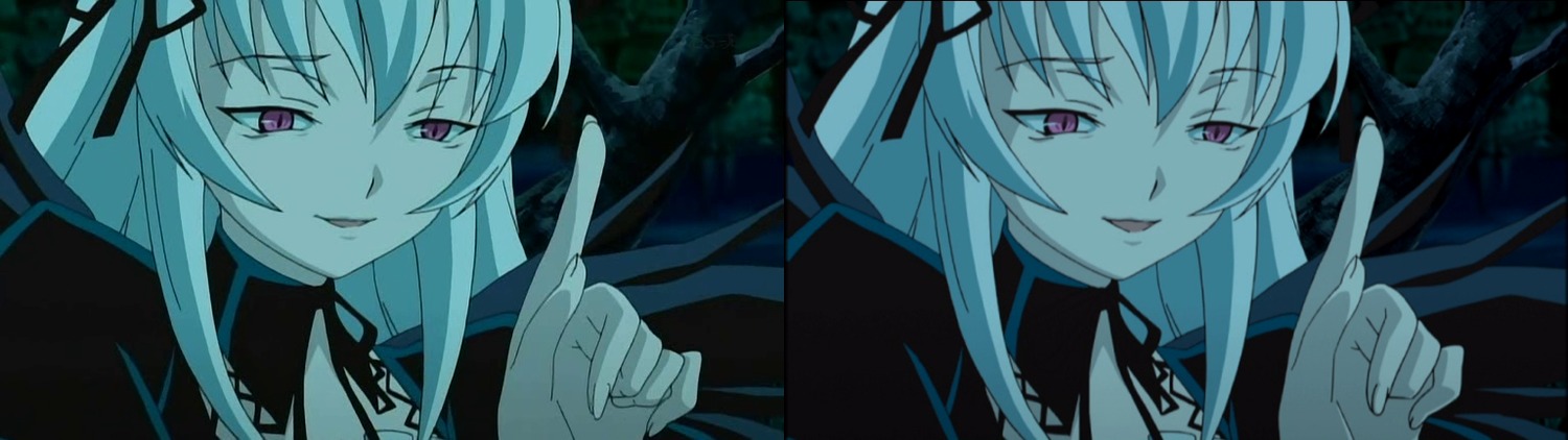 1girl black_ribbon finger_to_mouth hair_ribbon half-closed_eyes image index_finger_raised long_hair looking_at_viewer open_mouth pointing ribbon smile solo suigintou