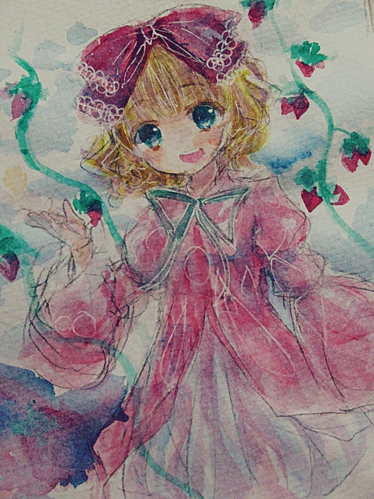 1girl blonde_hair blue_eyes bow colored_pencil_(medium) dress flower hair_ribbon hinaichigo image lily_of_the_valley long_sleeves looking_at_viewer medicine_melancholy open_mouth puffy_sleeves ribbon short_hair smile solo traditional_media watercolor_(medium)