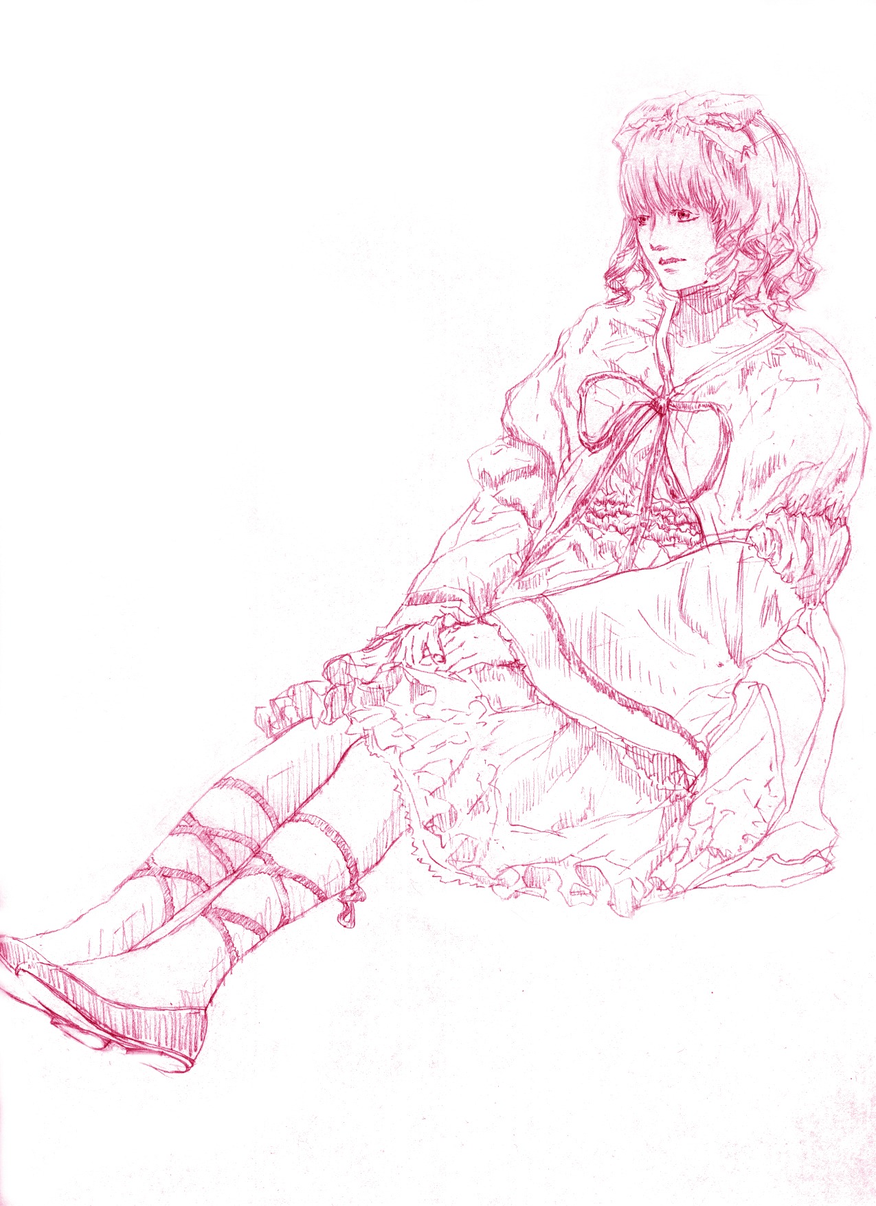 1girl auto_tagged cross-laced_footwear dress frills hinaichigo image izayoi_sakuya monochrome ribbon short_hair sitting solo