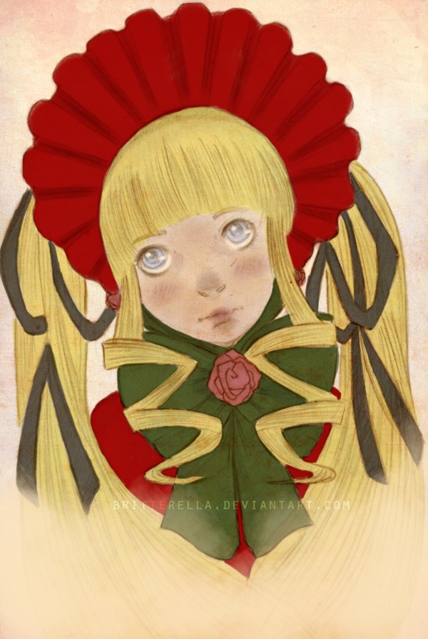 1girl auto_tagged bangs blonde_hair blue_eyes bonnet bow bowtie dress drill_hair flower green_bow image long_hair looking_at_viewer red_dress rose shinku sidelocks simple_background solo twintails upper_body