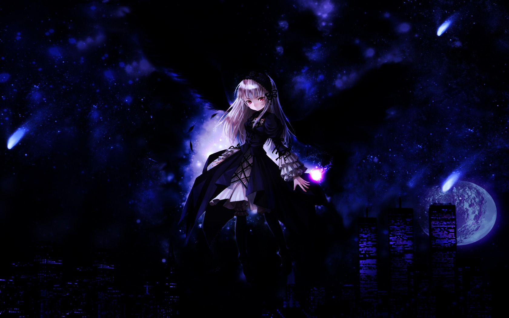 1girl black_dress dress image long_hair long_sleeves night night_sky red_eyes silver_hair sky solo space star_(sky) starry_sky suigintou