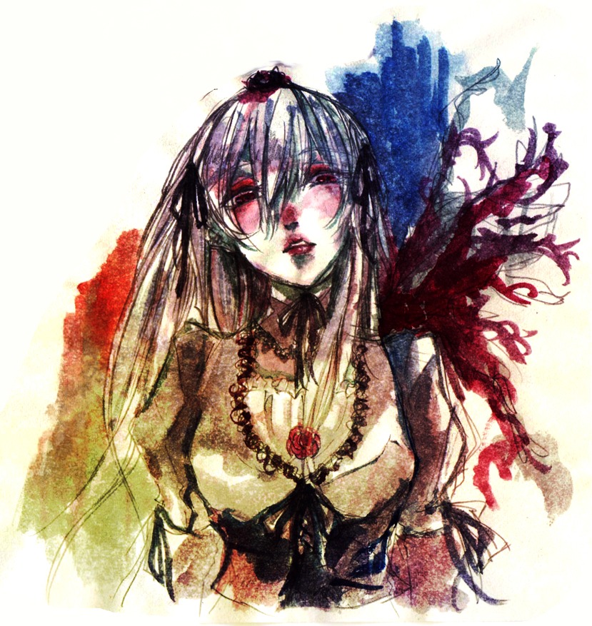 1girl choker dress flower hat image jewelry long_hair red_eyes red_flower rose solo suigintou traditional_media upper_body