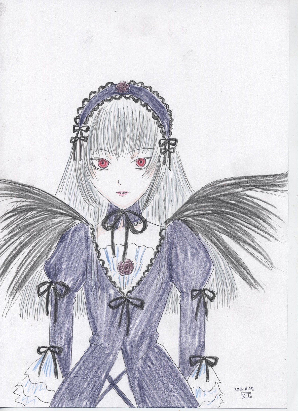 1girl black_wings dress flower frilled_sleeves frills hairband image juliet_sleeves long_hair long_sleeves looking_at_viewer marker_(medium) puffy_sleeves red_eyes ribbon rose simple_background solo suigintou traditional_media upper_body wings