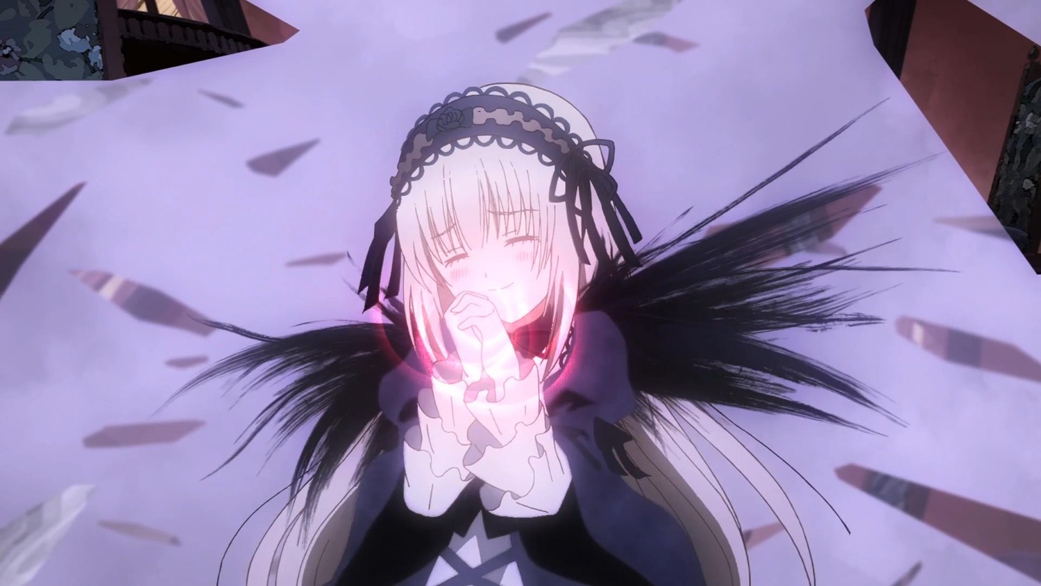 1girl bangs black_dress black_ribbon black_wings building closed_eyes dress flower frilled_sleeves frills hairband image long_hair long_sleeves outdoors ribbon silver_hair solo suigintou very_long_hair wings