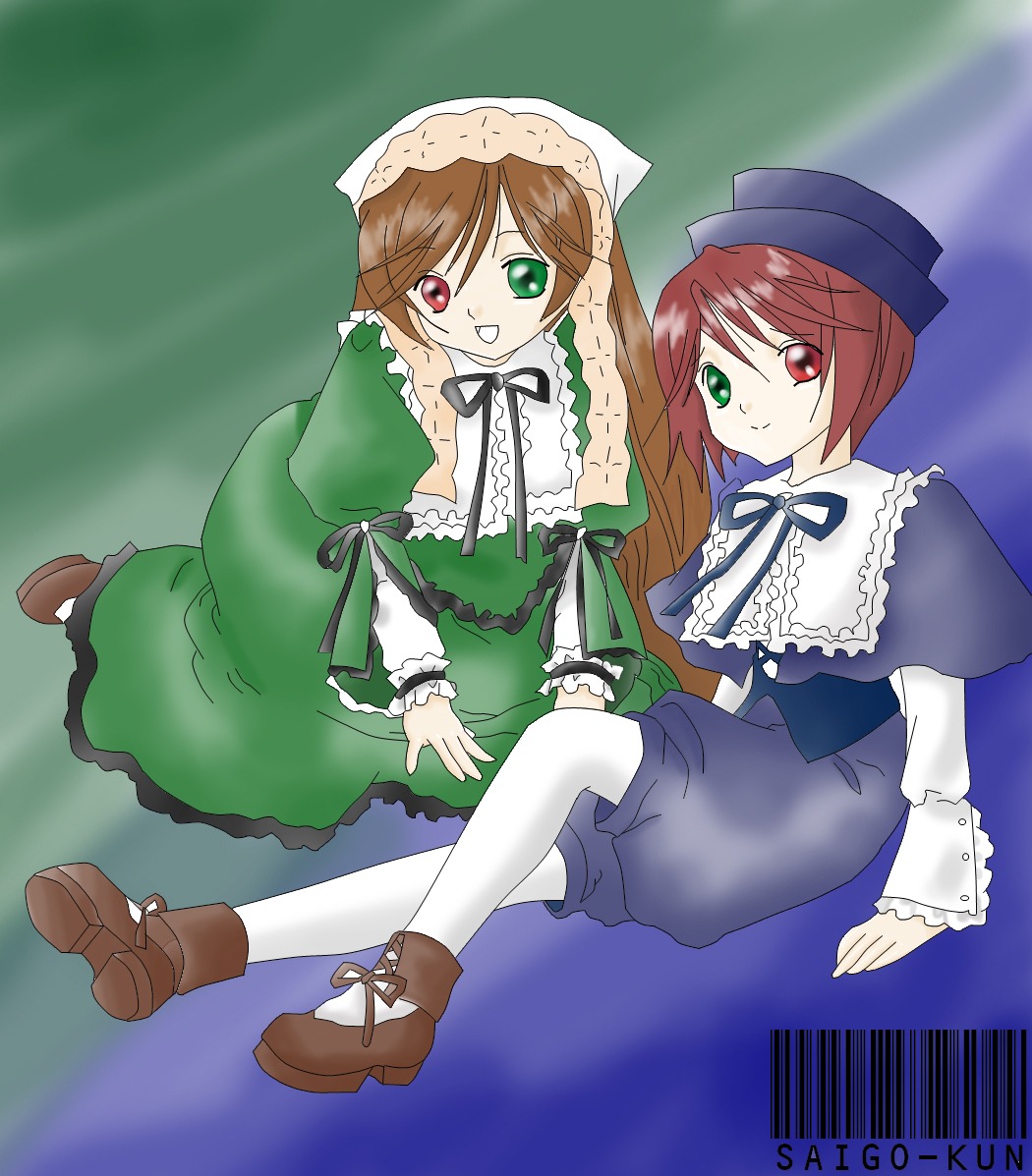 2girls auto_tagged blue_dress brown_hair dress frills green_dress green_eyes hat head_scarf heterochromia image long_sleeves looking_at_viewer multiple_girls pair pantyhose red_eyes short_hair siblings sisters smile souseiseki suiseiseki twins white_legwear