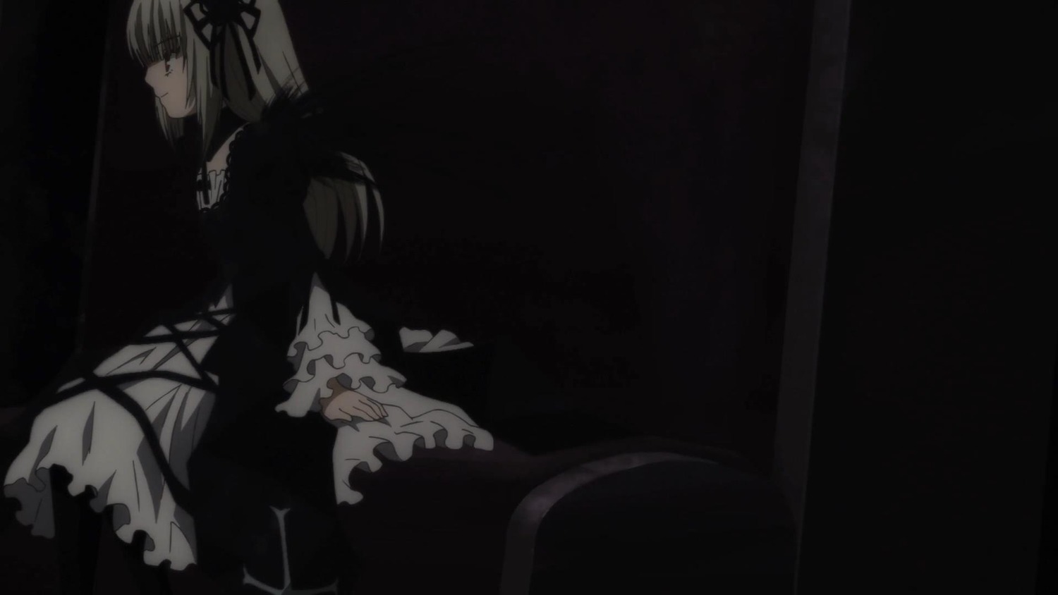 1girl auto_tagged black_dress dress frilled_sleeves frills gothic_lolita hairband image lolita_fashion long_hair long_sleeves profile ribbon rose solo suigintou wide_sleeves wings