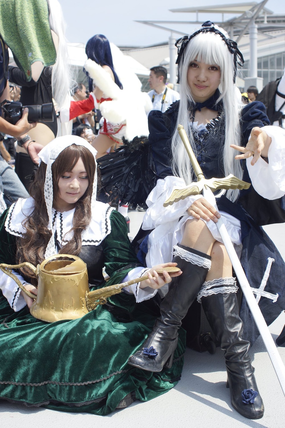 3d boots dress long_hair multiple_cosplay multiple_girls photo realistic sitting suigintou tagme white_hair
