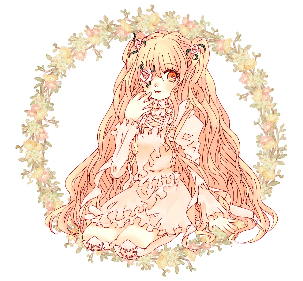 1girl dress eyepatch flower frills hair_flower hair_ornament image kirakishou long_hair pink_hair plant rose solo very_long_hair vines