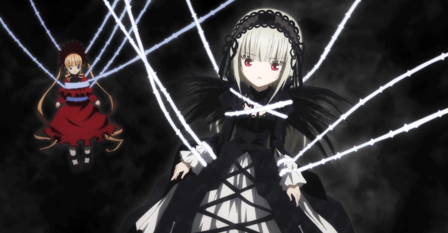 2girls blonde_hair dress hairband image long_sleeves multiple_girls pair red_eyes ribbon shinku short_hair suigintou weapon