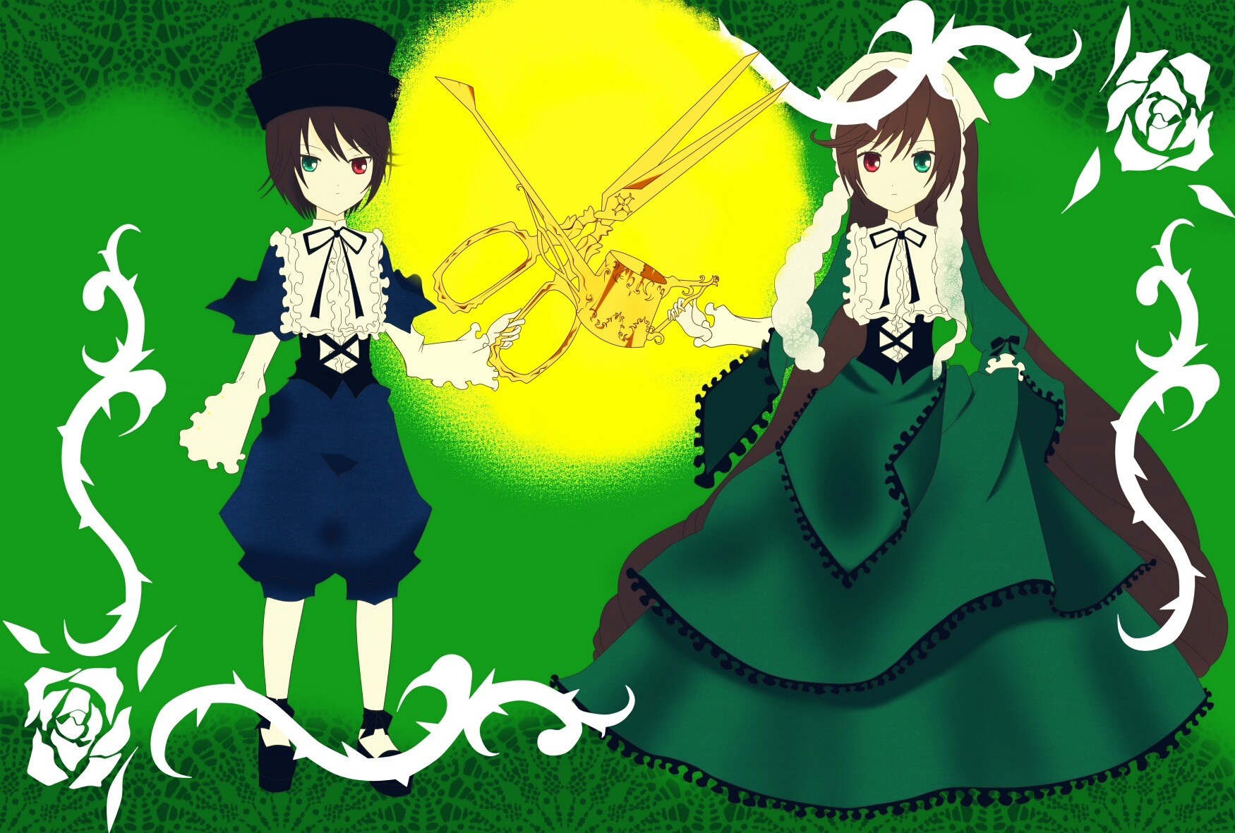 2girls brown_hair dress flower frills green_dress green_eyes hat heterochromia image long_sleeves looking_at_viewer multiple_girls pair red_eyes rose short_hair siblings sisters souseiseki suiseiseki top_hat twins watering_can