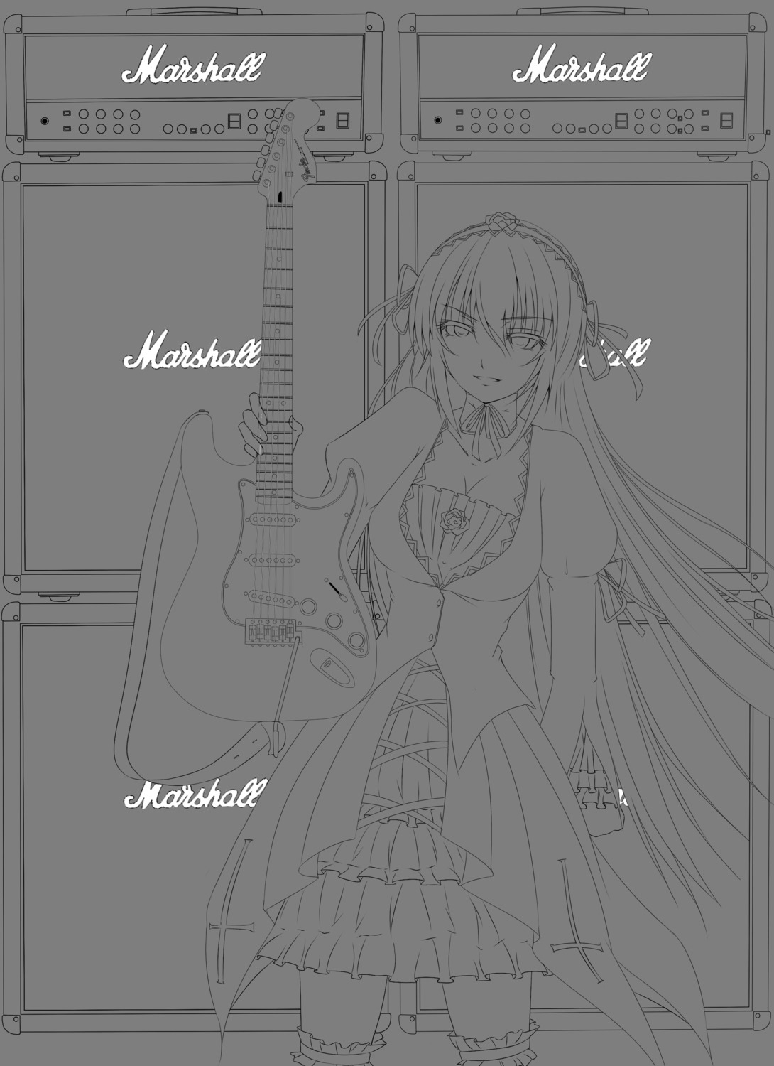 greyscale image long_hair monochrome multiple_girls solo suigintou