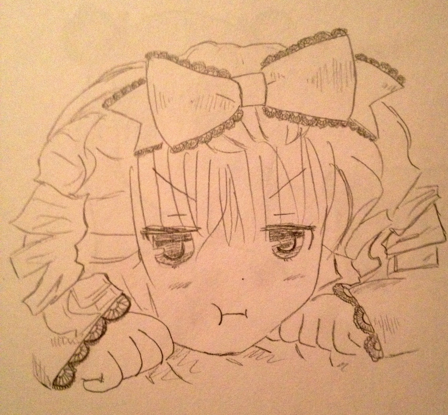 1girl :t bow hair_bow hinaichigo image monochrome pout solo traditional_media
