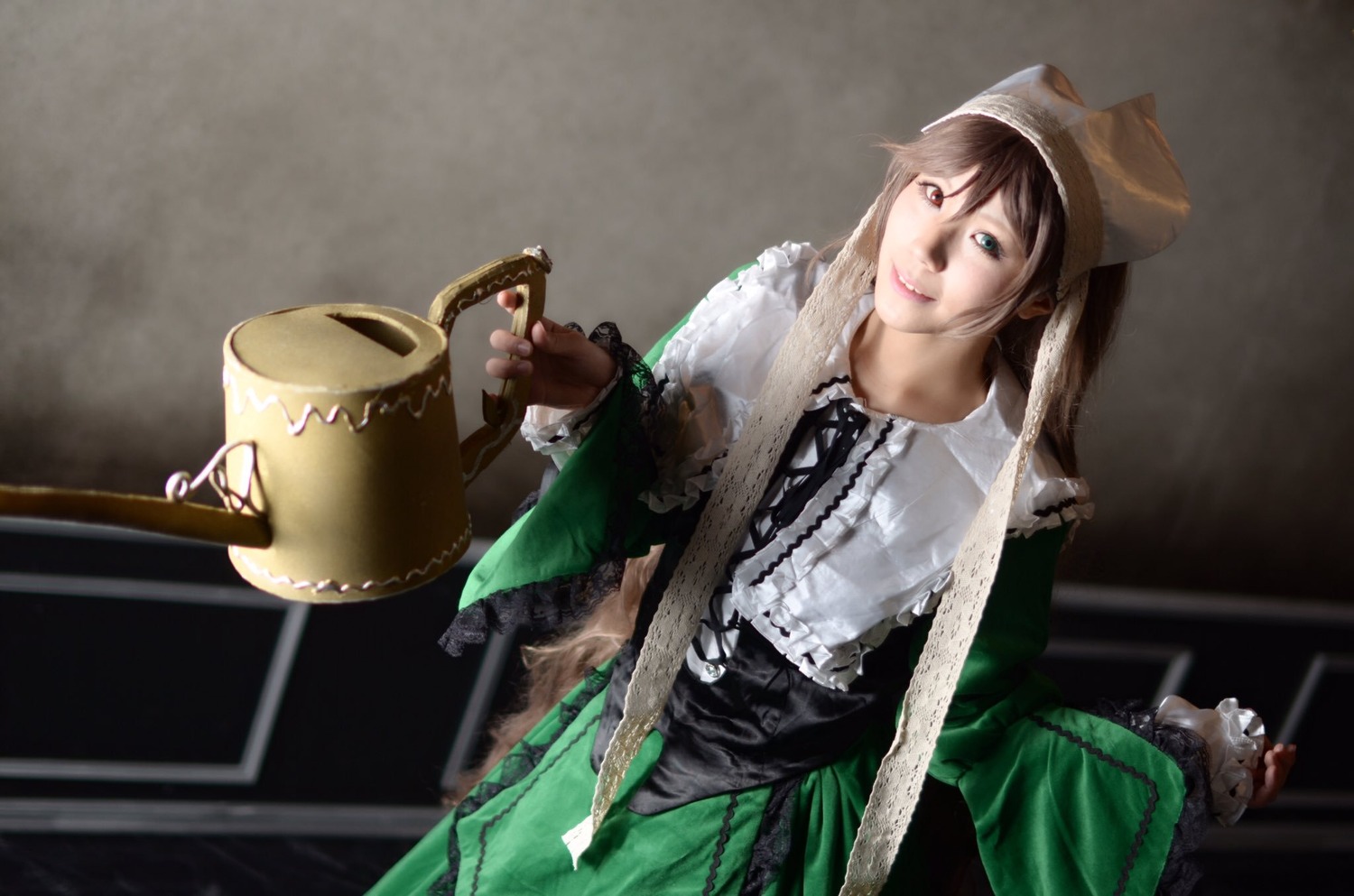 1girl brown_hair dress green_dress hat lips long_hair realistic solo suiseiseki