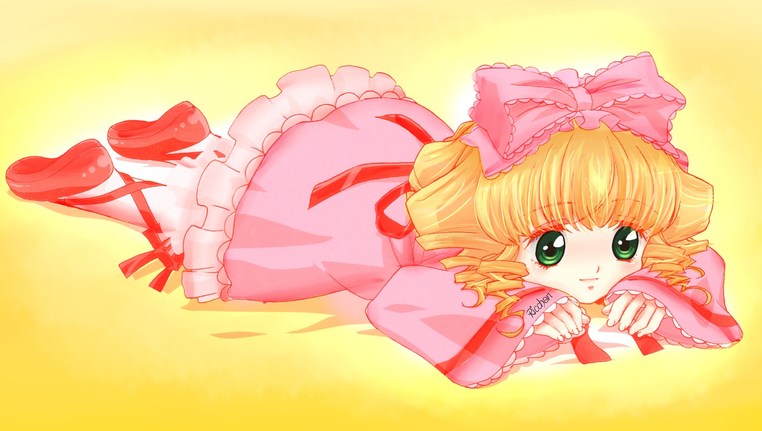 1girl blonde_hair blush bow dress drill_hair frills full_body green_eyes hair_bow hina_ichigo hinaichigo image long_sleeves looking_at_viewer lying on_stomach pink_bow pink_dress pink_footwear shoes solo yellow_background