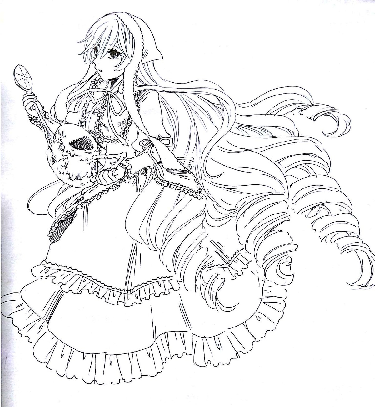 1girl dress drill_hair eyebrows_visible_through_hair frills greyscale hair_between_eyes hood image long_hair looking_at_viewer monochrome solo suiseiseki very_long_hair