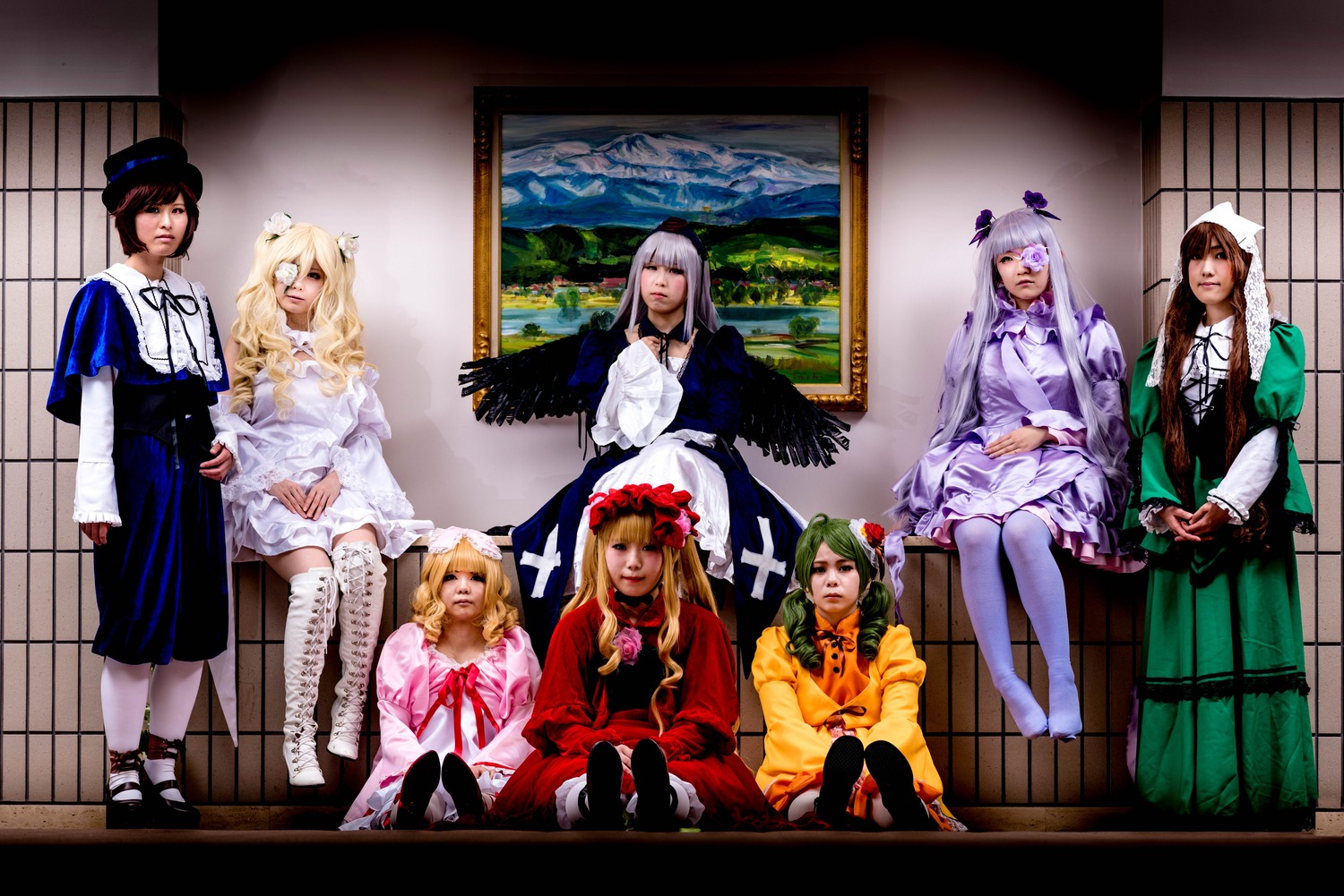 6+girls 91076 blonde_hair brown_hair dress green_hair hair_ornament hat long_hair multiple_cosplay multiple_girls pantyhose short_hair sitting tagme wings