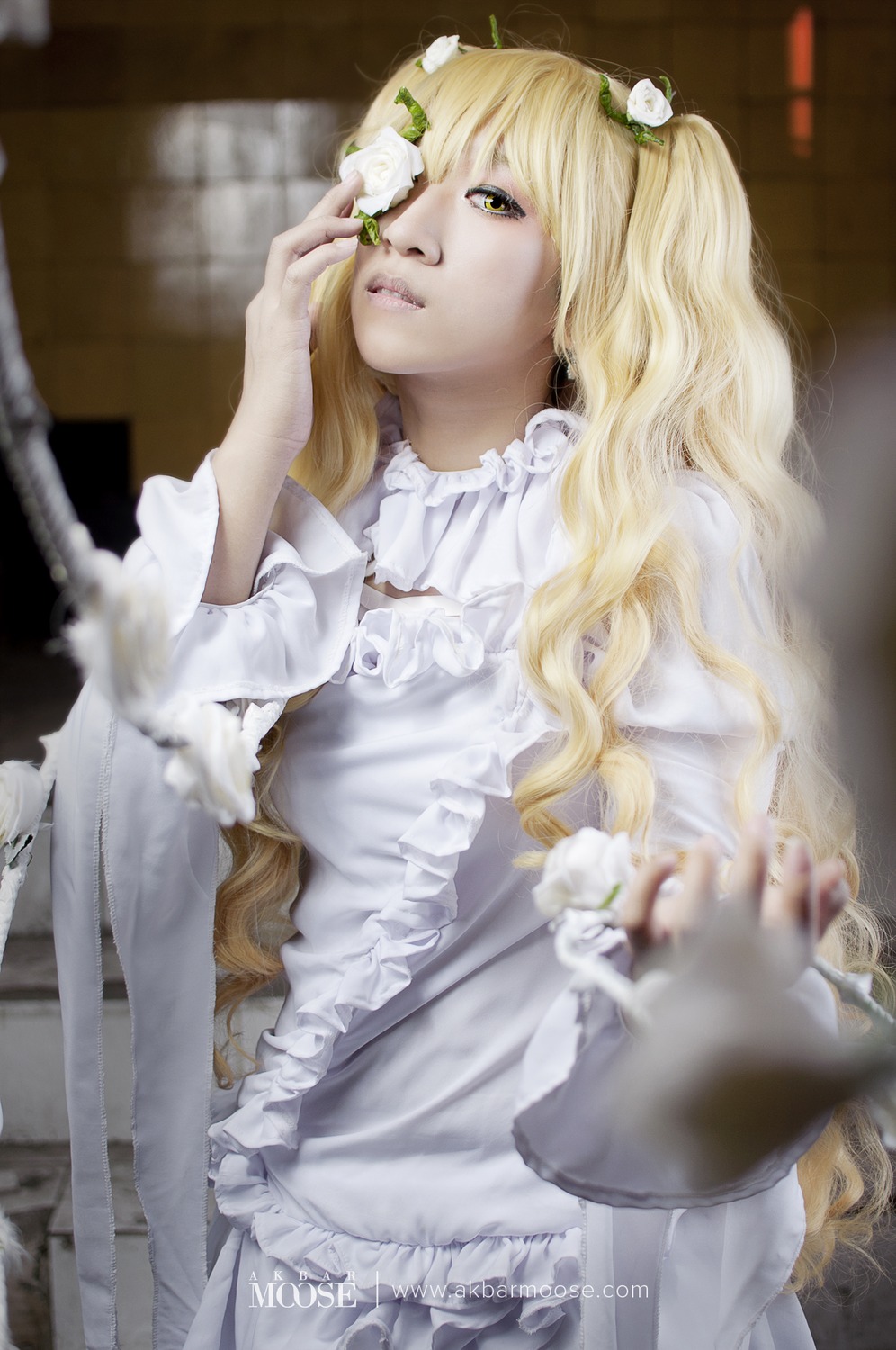 1girl blonde_hair blurry blurry_foreground depth_of_field dress flower frills hair_ornament kirakishou lips long_hair parted_lips realistic solo white_dress