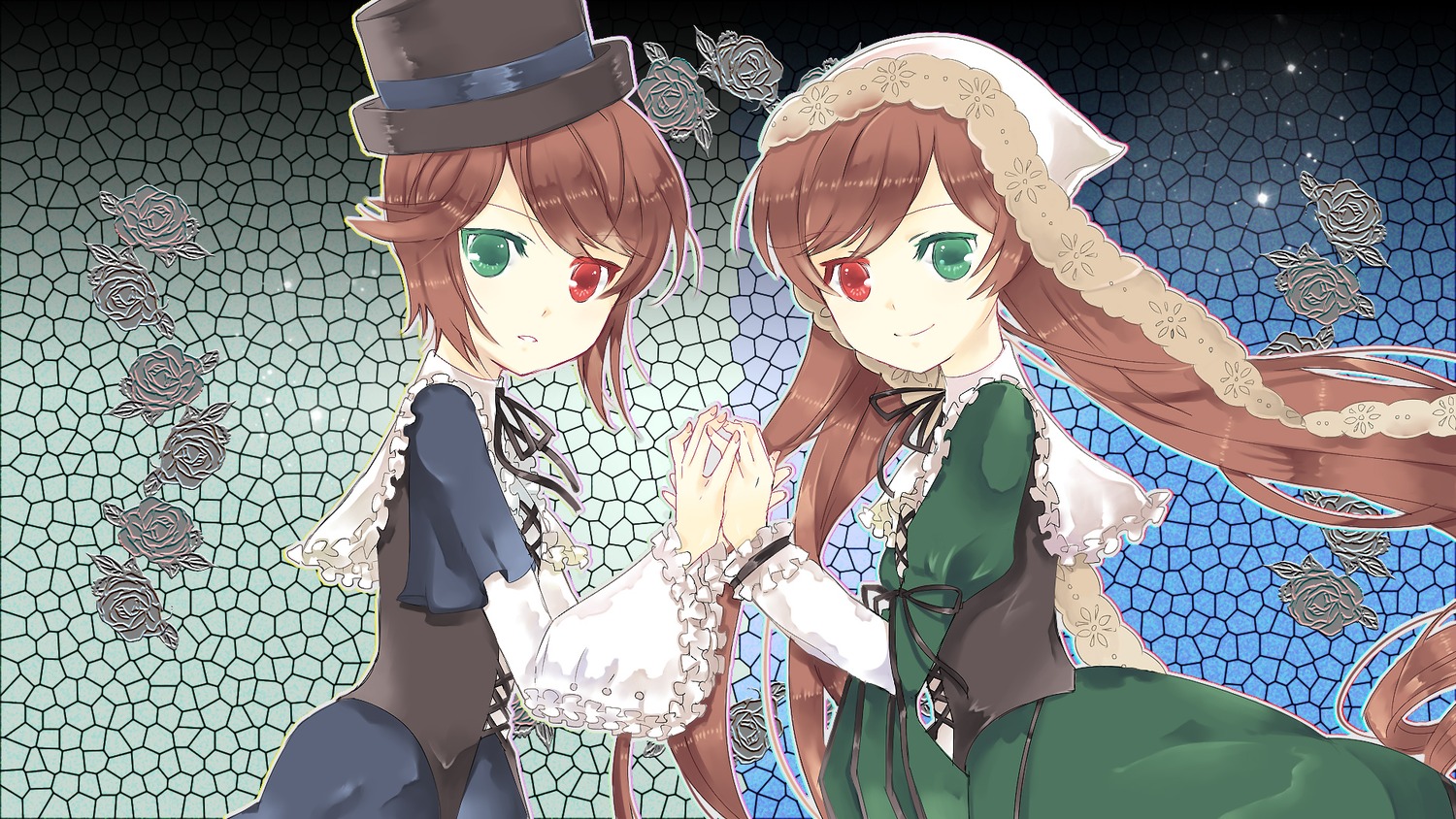 2girls brown_hair chain-link_fence dress fence green_dress green_eyes hat heterochromia hexagon holding_hands honeycomb_(pattern) honeycomb_background image long_hair long_sleeves looking_at_viewer multiple_girls pair red_eyes siblings sisters smile souseiseki suiseiseki top_hat twins