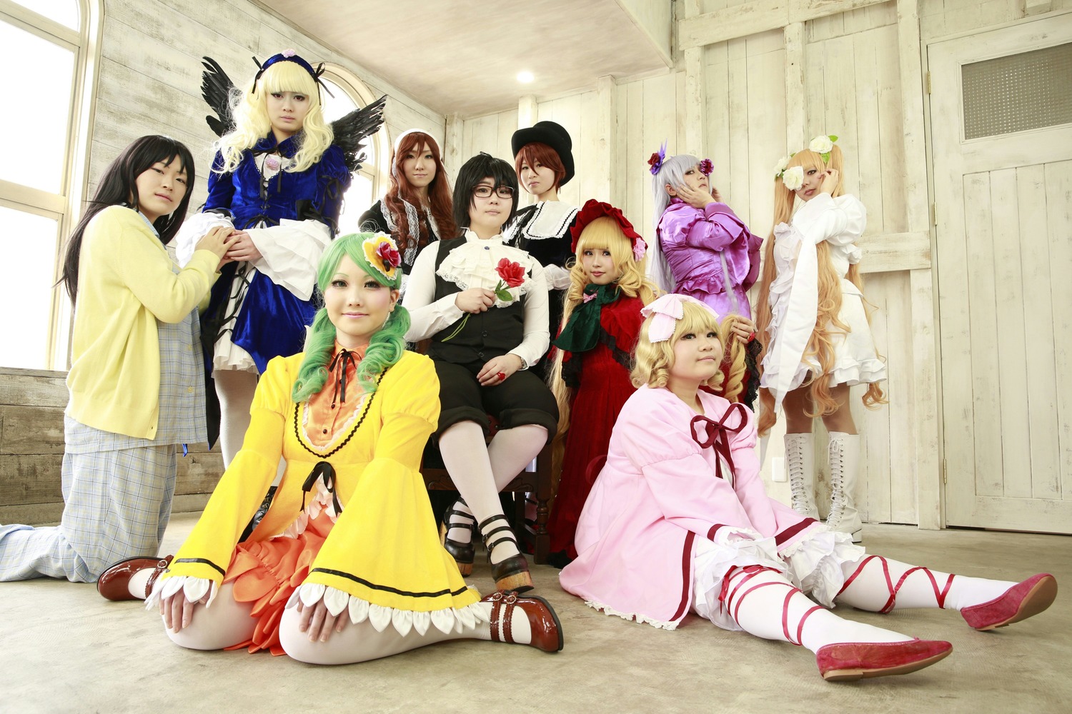 6+girls black_hair blonde_hair dress hair_ornament hat long_hair multiple_boys multiple_cosplay multiple_girls pantyhose ribbon sitting tagme
