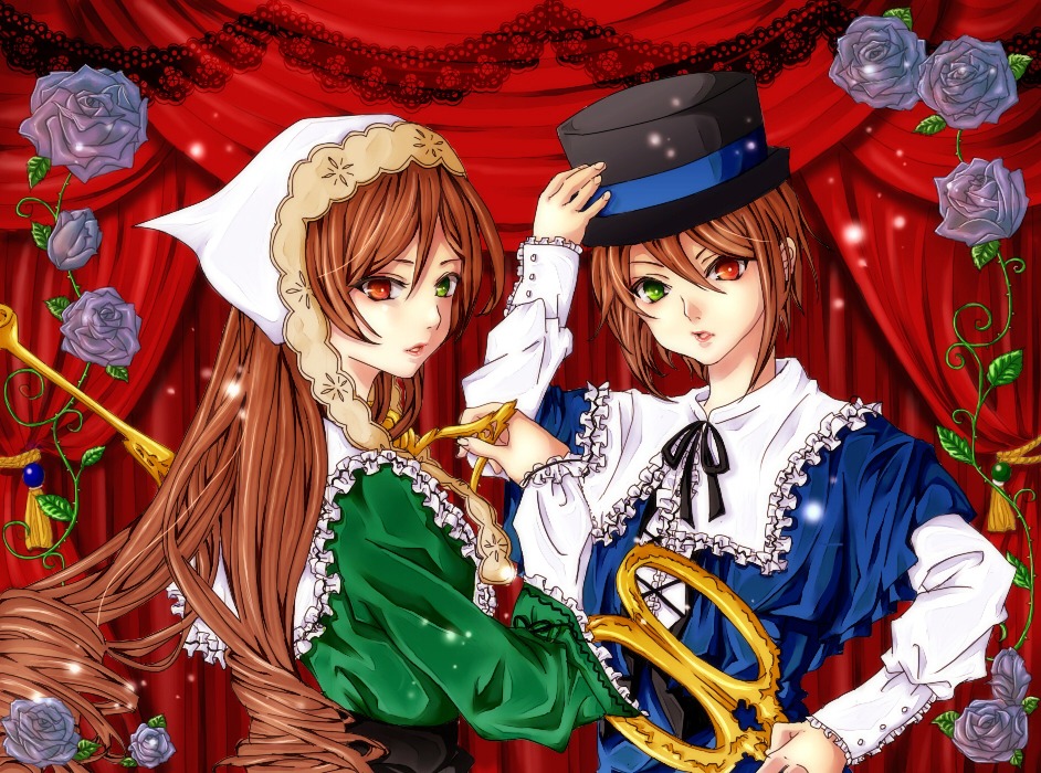 2girls black_flower black_rose blue_flower blue_rose bouquet brown_hair curtains dress flower green_dress green_eyes green_flower hat hat_flower heterochromia holding_hands image long_hair multiple_girls orange_flower pair pink_flower pink_rose purple_flower purple_rose red_eyes red_flower red_rose rose rose_petals short_hair siblings sisters souseiseki suiseiseki thorns twins white_flower white_rose yellow_flower yellow_rose