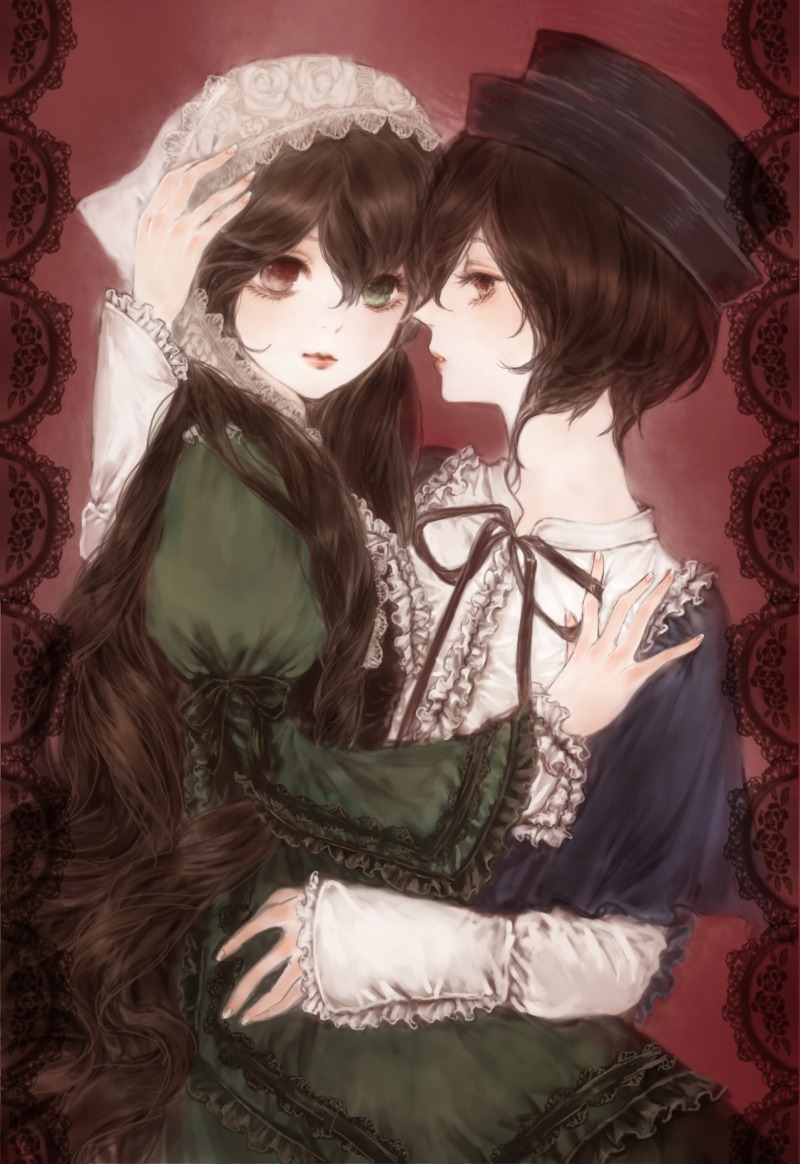 2girls bow brown_hair commentary_request dress frills green_dress green_eyes hairband hat heterochromia hug image lace long_hair long_sleeves multiple_girls pair red_eyes ribbon rozen_maiden short_hair siblings sisters souseiseki suiseiseki twins very_long_hair yukishiro_(hitsuji) yuri