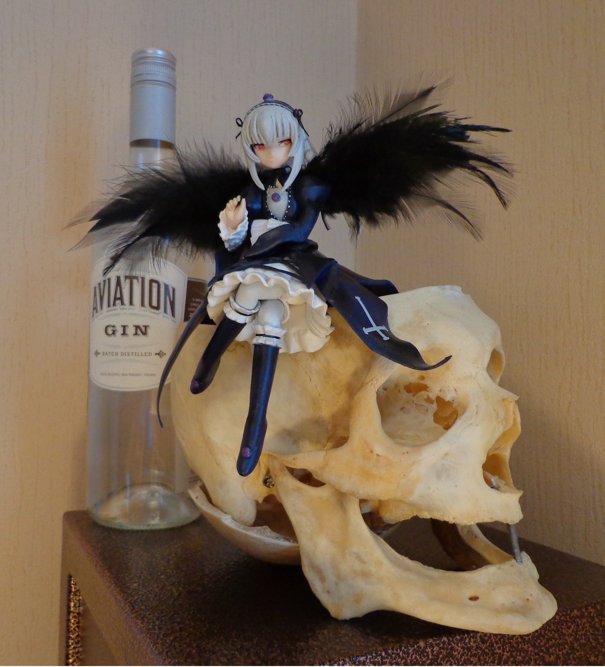 1girl boots doll dress frills long_sleeves photo silver_hair solo suigintou thighhighs wings