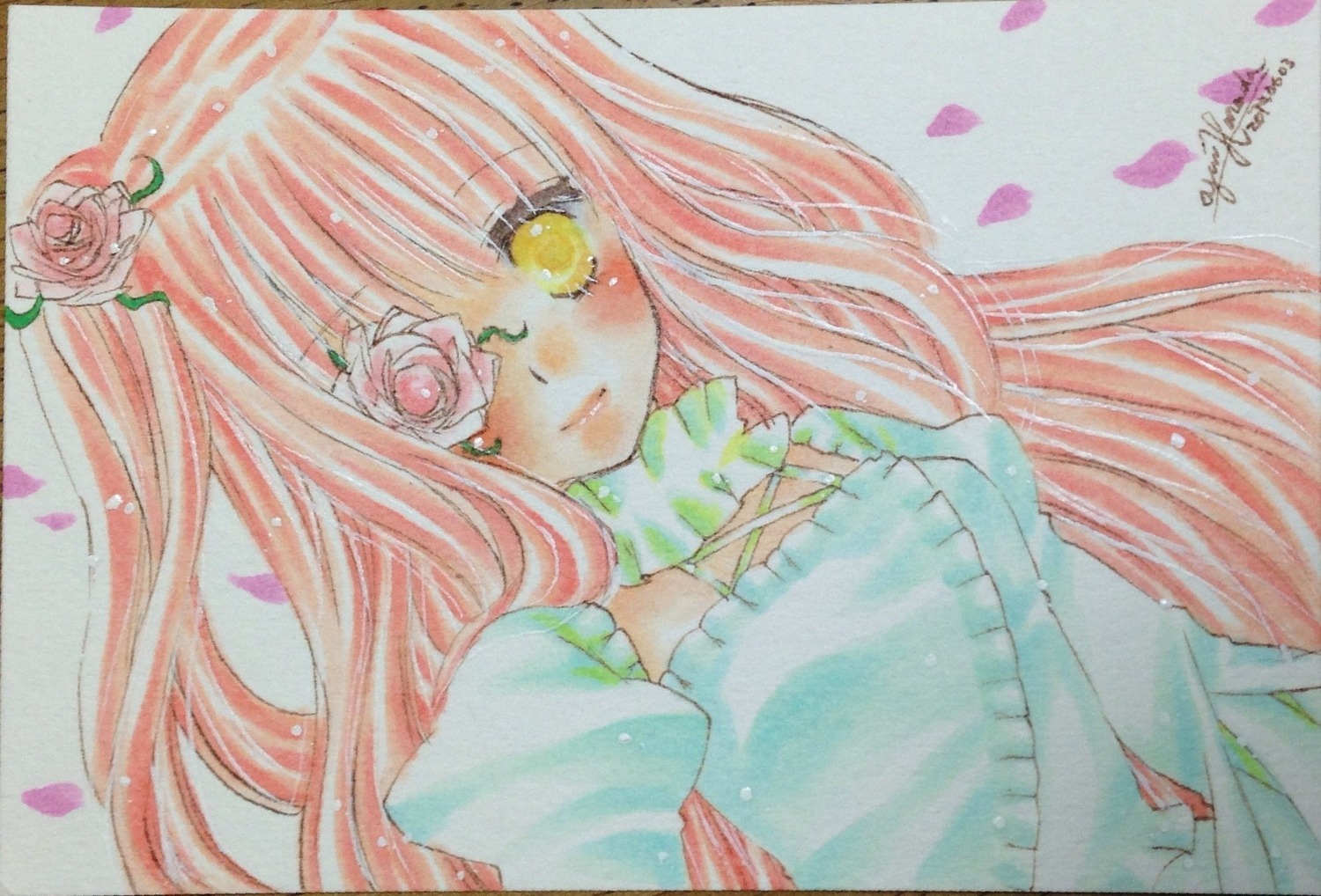 1girl artist_name bangs blush dress flower image kirakishou long_hair marker_(medium) pastel_(medium) petals pink_flower pink_hair pink_rose rose rose_petals solo traditional_media watercolor_(medium) yellow_eyes