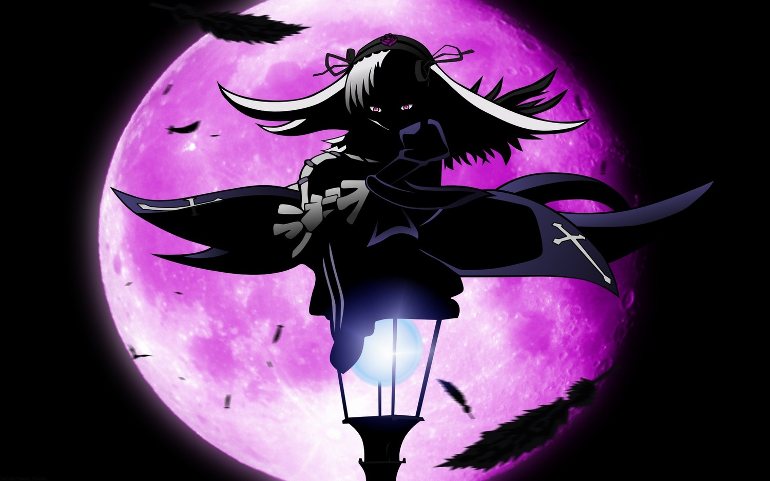 1girl bat cross dress full_moon hairband image long_hair moon night pink_eyes red_moon solo suigintou wings
