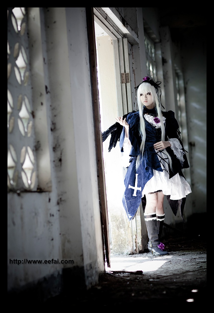 1girl black_border boots dress frills hair_ornament letterboxed long_hair pillarboxed solo standing suigintou white_hair