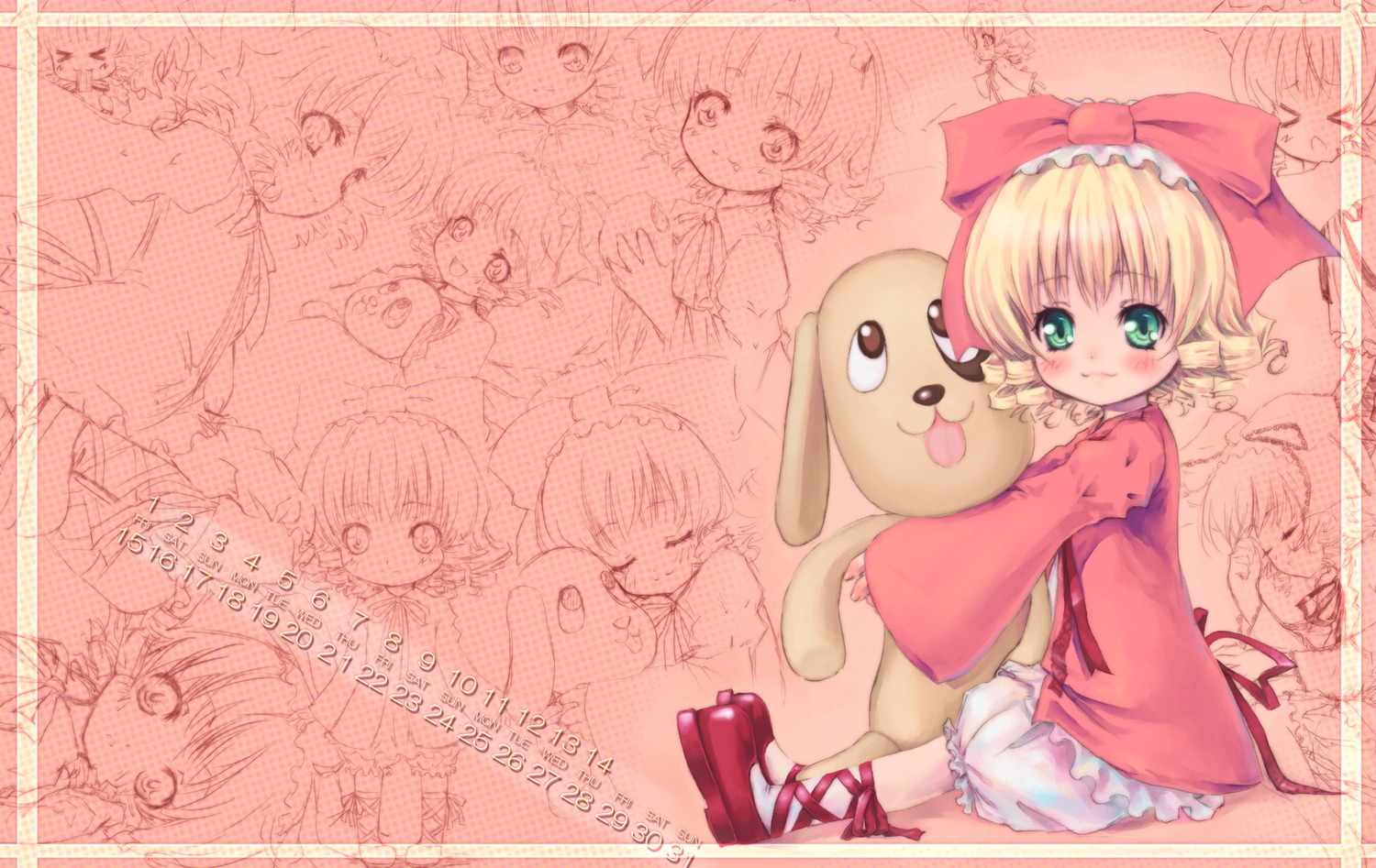 1girl :d blonde_hair bloomers blush bow dress frills green_eyes hina_ichigo hinaichigo image long_sleeves looking_at_viewer ribbon shoes short_hair sitting smile solo stuffed_animal underwear white_bloomers