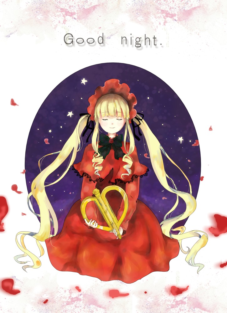 1girl blonde_hair bonnet bow closed_eyes dress flower image long_hair petals red_dress rose rose_petals shinku sitting solo twintails very_long_hair