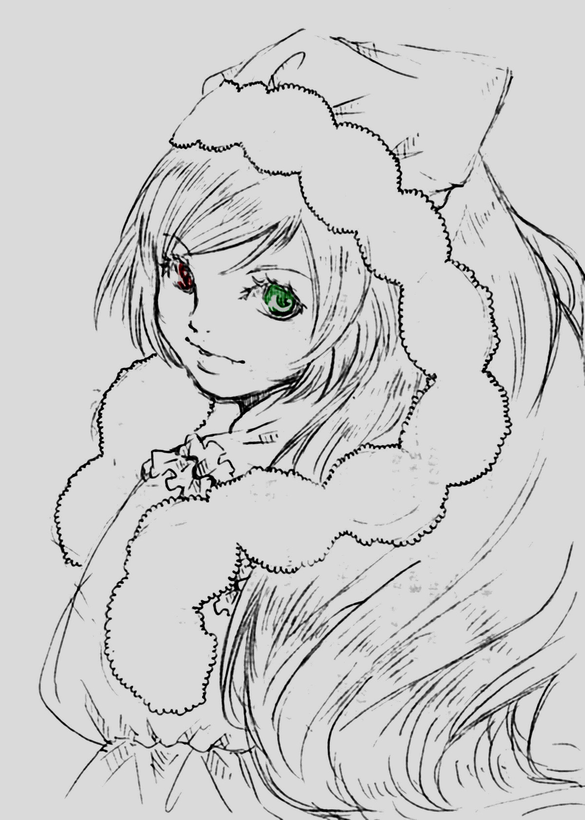 1girl auto_tagged fur_collar fur_trim green_eyes grey_background heterochromia image long_hair looking_at_viewer monochrome red_eyes simple_background smile solo spot_color suiseiseki