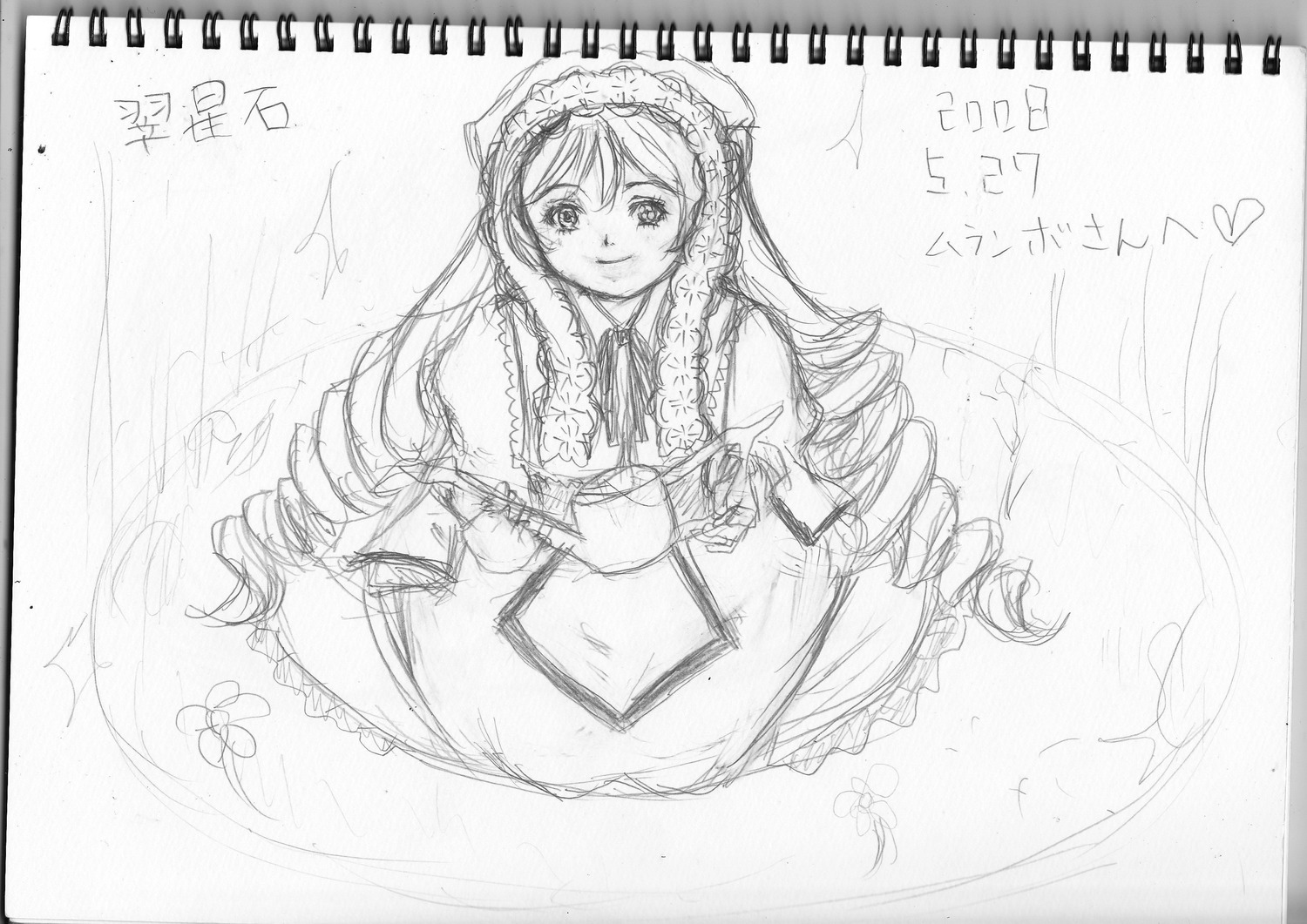 1girl dress drill_hair frills greyscale hairband image long_hair long_sleeves looking_at_viewer monochrome smile solo suiseiseki twin_drills very_long_hair