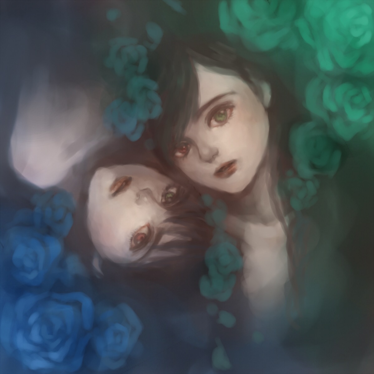 2girls black_flower black_rose blue_flower blue_rose face flower green_eyes green_flower heterochromia ib_(ib) image long_hair multiple_girls pair pink_rose purple_rose red_eyes red_flower red_rose rose short_hair souseiseki suiseiseki thorns white_flower white_rose yellow_flower yellow_rose