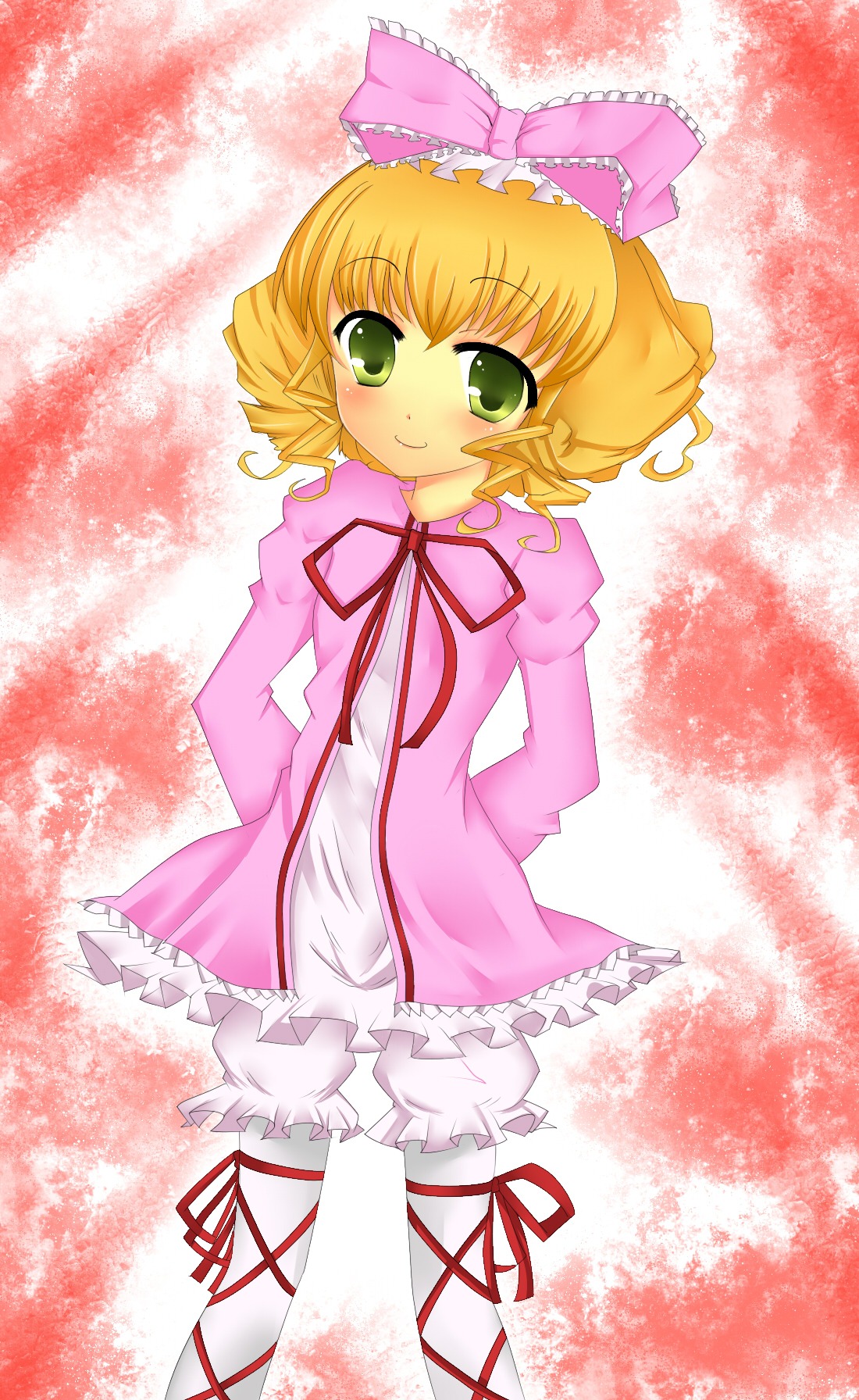 1girl blonde_hair bloomers blush bow dress frills green_eyes hair_bow hina_ichigo hinaichigo image long_sleeves looking_at_viewer pink_bow pink_dress ribbon short_hair smile solo standing underwear white_bloomers white_legwear