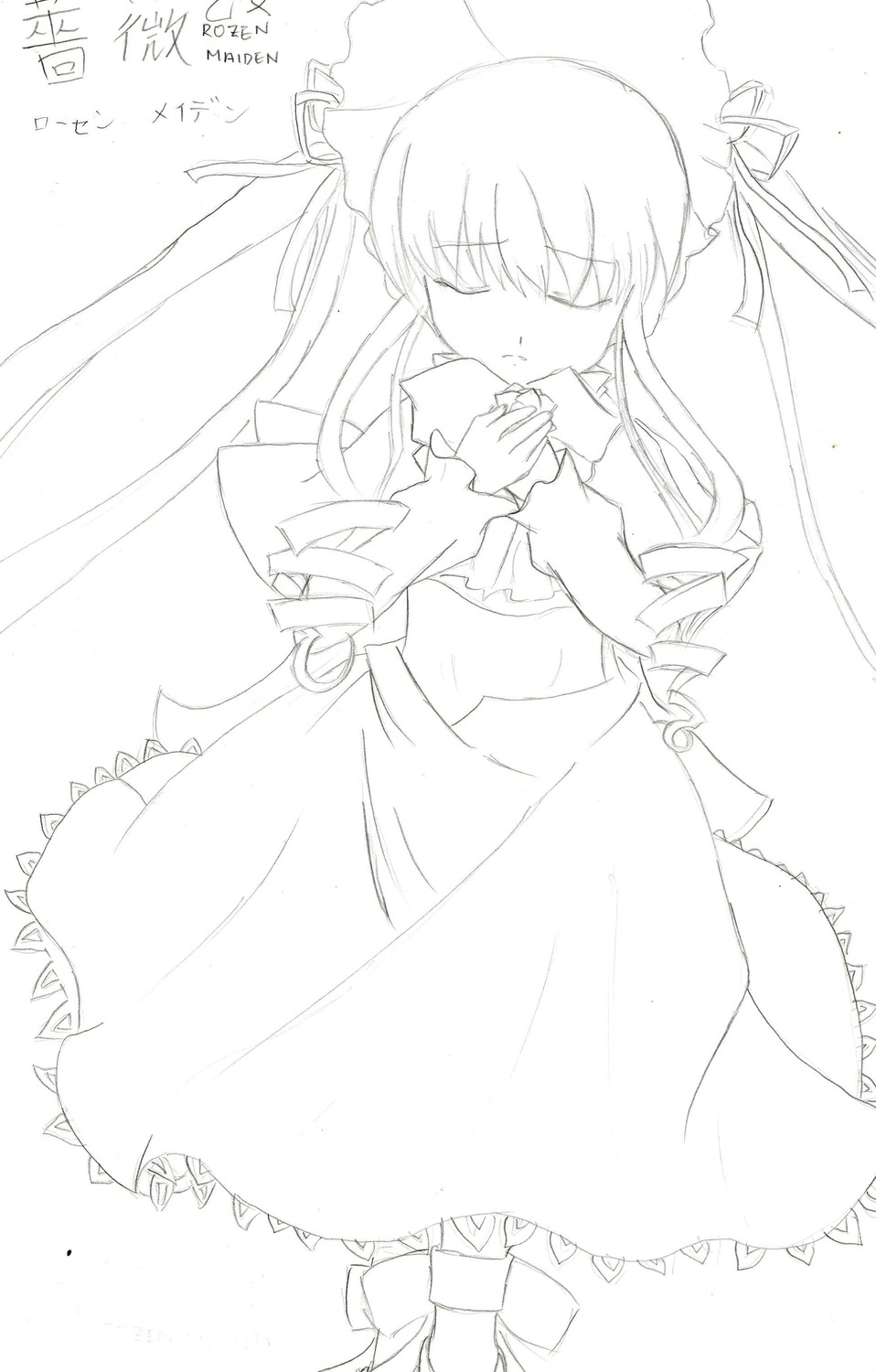 1girl blush closed_eyes dress drill_hair frills full_body image long_hair long_sleeves monochrome shinku shoes simple_background solo standing twin_drills very_long_hair white_background