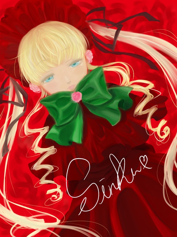 1girl blonde_hair blue_eyes bonnet bow bowtie capelet dress drill_hair flower green_bow green_neckwear image long_hair long_sleeves looking_at_viewer red_capelet red_dress red_theme rose shinku solo twintails very_long_hair