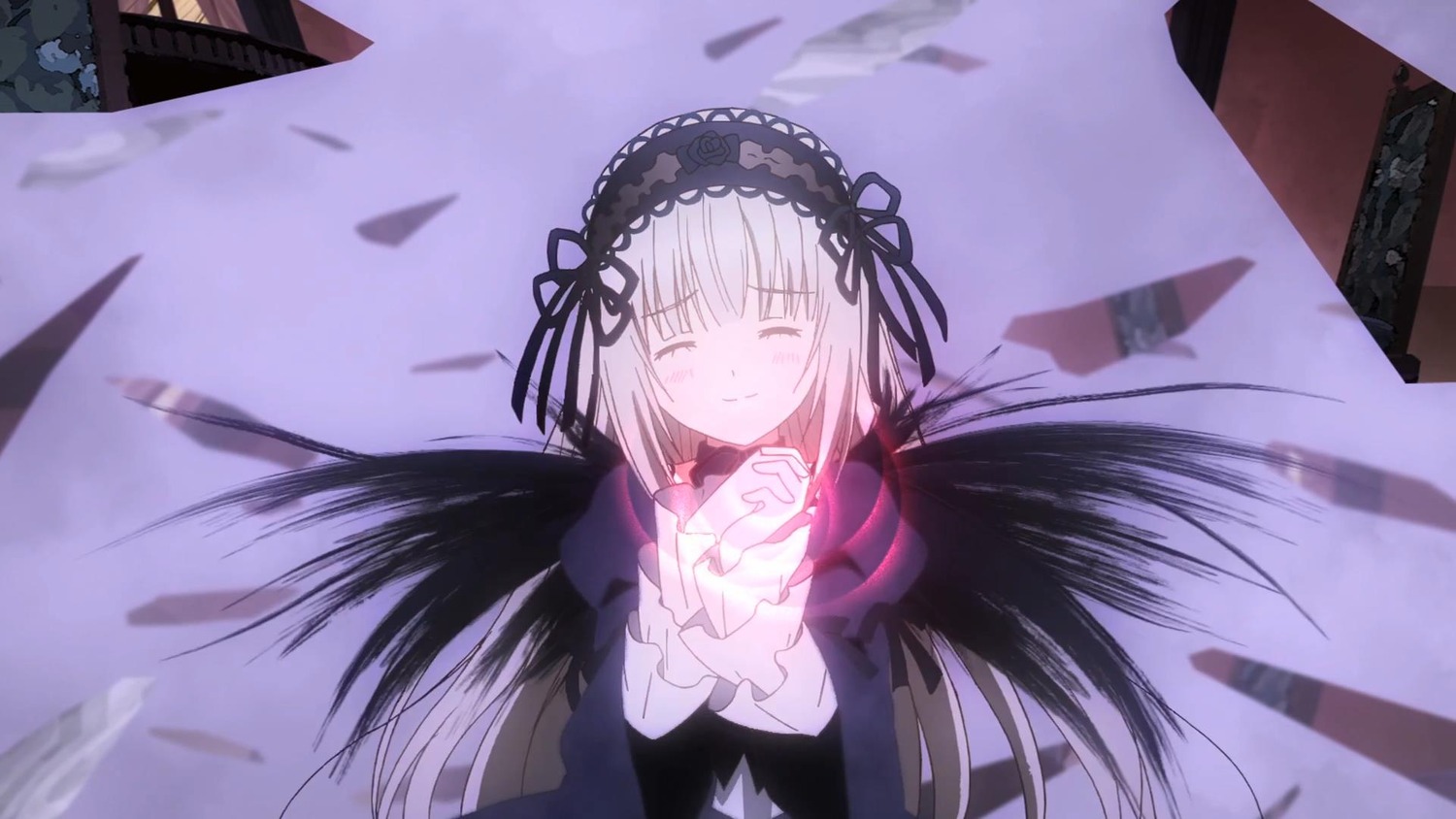 1girl bangs black_dress black_ribbon black_wings building closed_eyes closed_mouth dress facing_viewer hairband image long_hair long_sleeves outdoors ribbon silver_hair smile solo suigintou very_long_hair wings