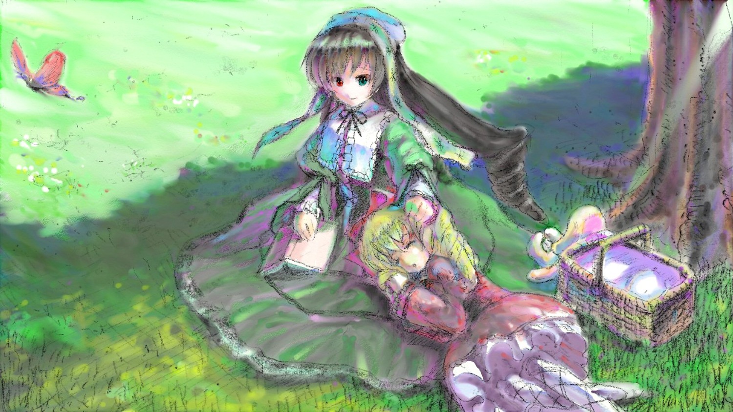 2girls blonde_hair brown_hair bug butterfly closed_eyes dress frills green_dress hinaichigo image insect long_hair long_sleeves multiple_girls outdoors pair red_dress shinku sleeping suiseiseki very_long_hair wings