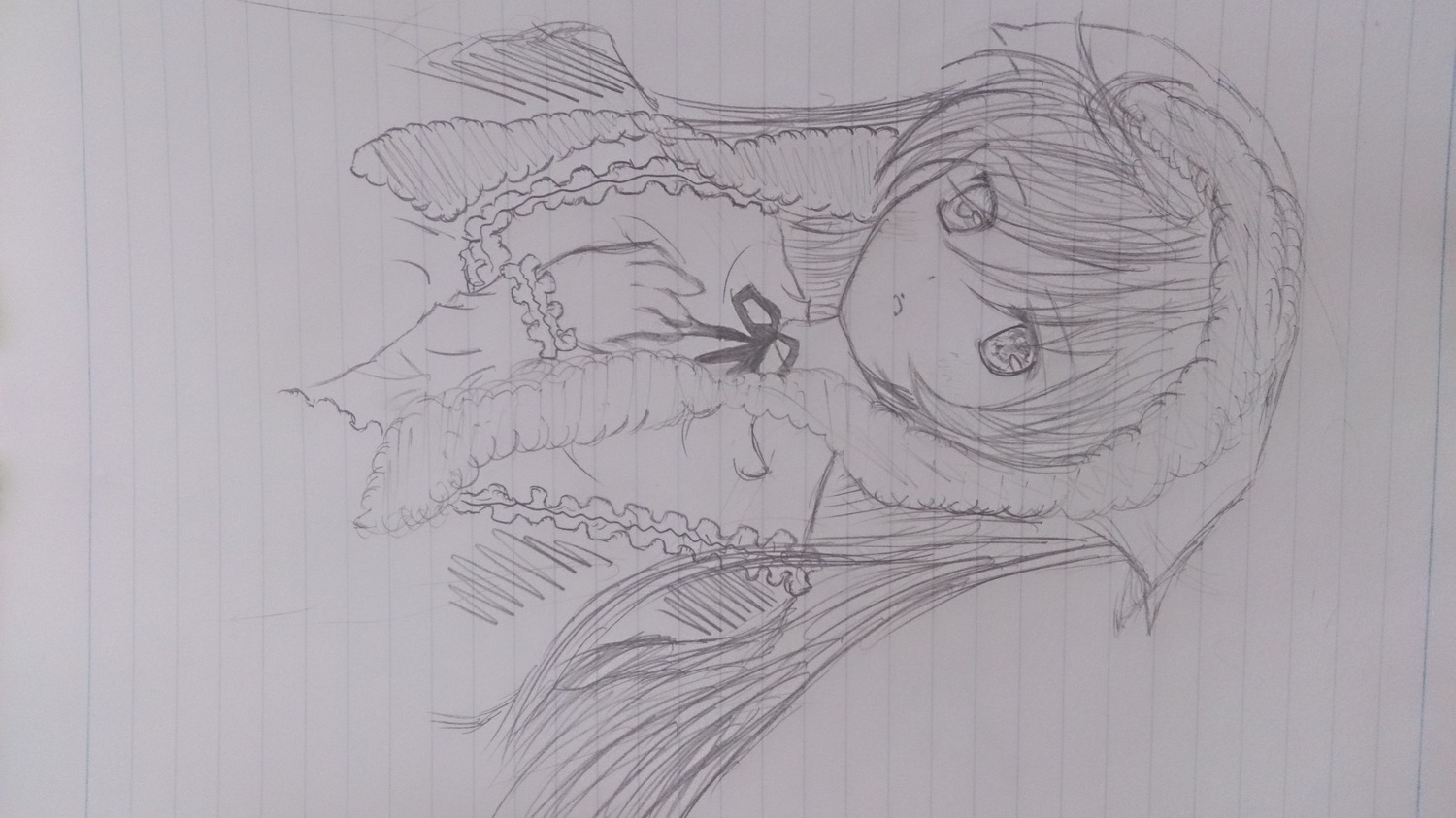 1girl capelet graphite_(medium) greyscale hat image long_hair looking_at_viewer monochrome solo suiseiseki traditional_media