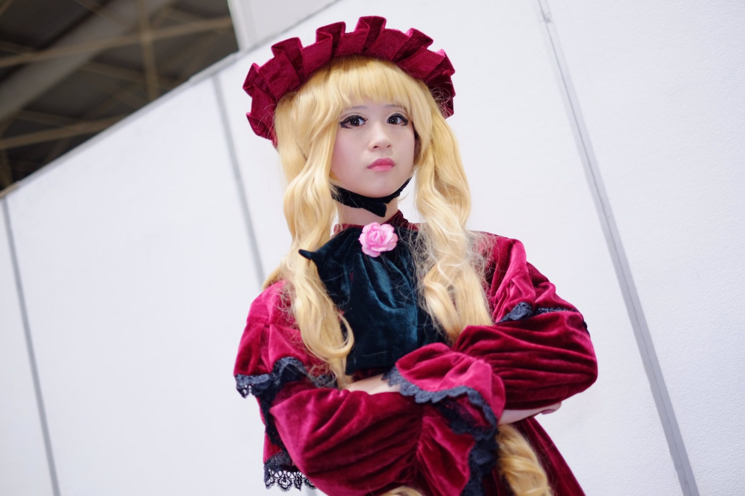 1girl bangs blonde_hair blurry choker dress flower hat lips long_hair long_sleeves photo pink_rose rose shinku solo upper_body